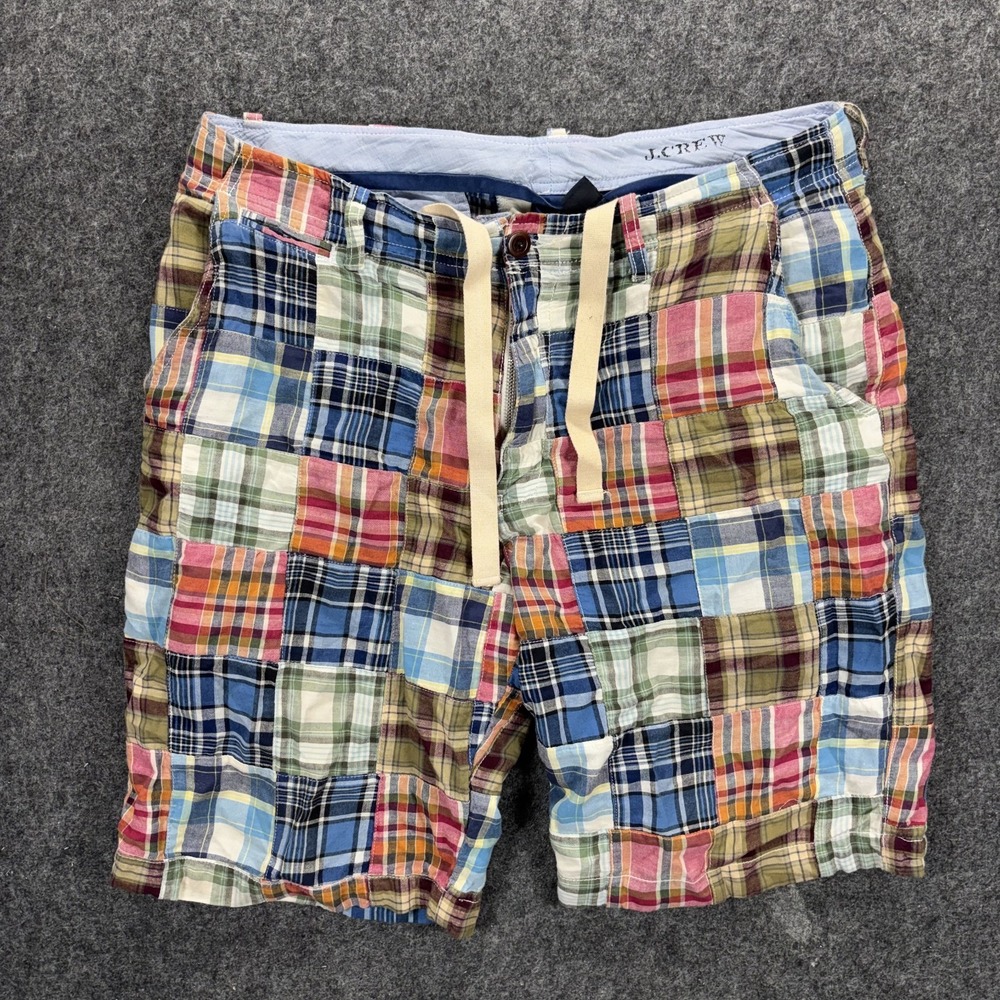 J Crew Madras Plaid Field Shorts Mens 32 x 9 Drawstring Preppy Patchwork Y2K